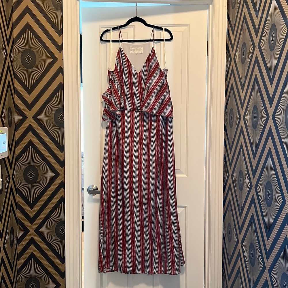 Pink martini patterned maxi dress with cutout shoulders. Size XL